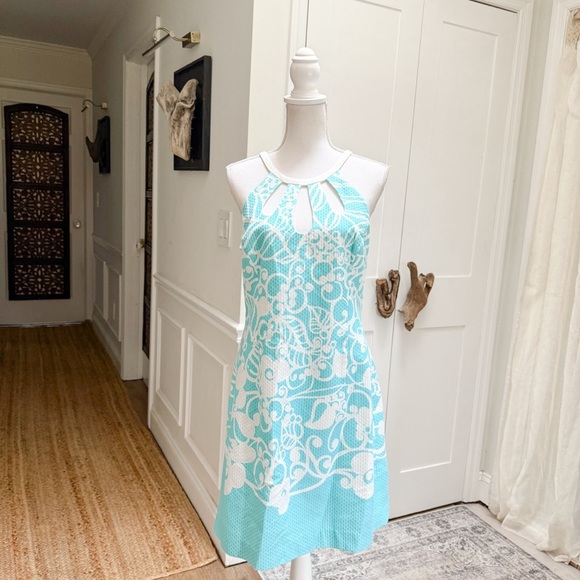 Lilly Pulitzer Pearl Halter Shift Dress Shorely Blue Pick Up Lines Cotton Sz 14 - Picture 2 of 9